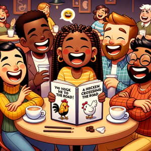 Diverse Cartoon Characters Laughing Over Joke Book | Coffee Shop