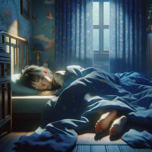 Tranquil Nighttime Scene with Peacefully Sleeping Asian Girl in Deep Blue Beddings