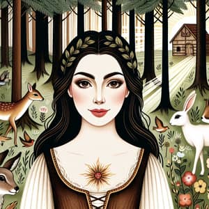 Snow White Illustration: Enchanting Medieval Scene with Forest Animals