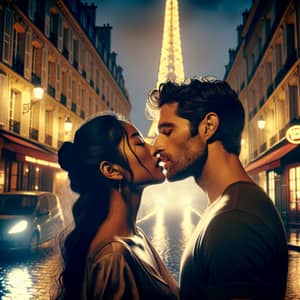 Romantic Kiss in Parisian Street - Eiffel Tower Background