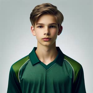 Young Fair-Skinned Cricket Player in Full Green Uniform