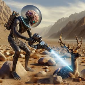 Alien in Transparent Helmet Lasers Deer's Legs - Rocky Landscape