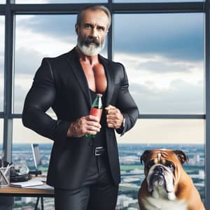 Hispanic Man in Black Suit with Bulldog and Popular Drink