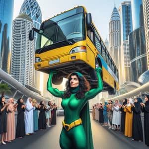 Female Middle-Eastern Superhero Lifting City Bus in Urban Setting