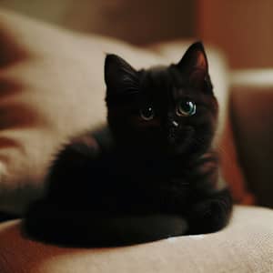 Small Black Cat with Green Eyes on Soft Cushion