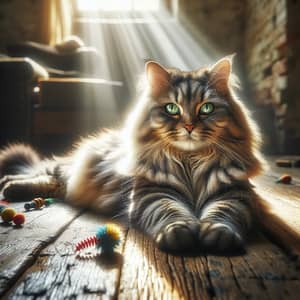 Luxurious Grey Cat Basking in Sunlight on Wooden Floor with Colorful Toys