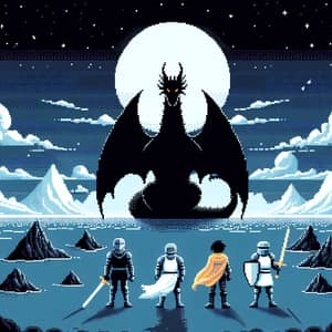 Pixel Art Dark Sky Scene with Knights and Black Dragon