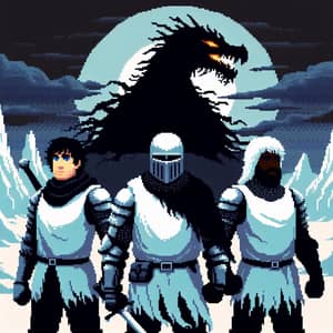 Pixel Art Scene: Three Knights vs. Black Dragon | Blasphemous Style