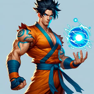 Asian Male Character in Orange Martial Arts Uniform with Energy Orb