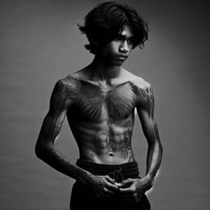 South Asian Teenage Boy with Muscular Build and Intricate Tattoos