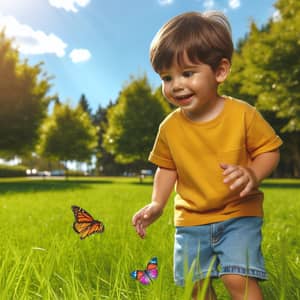 Joyful Caucasian Child Playing in Sunny Green Park | Nature Exploration
