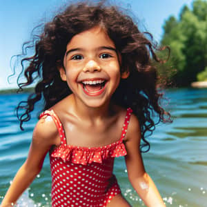 Joyful Hispanic Girl Splashing in Clear Blue Water