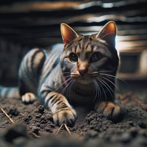 Sleek Striped Domestic Cat in Intense Hunting Pose
