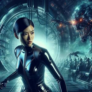 Asian Secret Agent Captured by Menacing Robot in Futuristic Cyberpunk Scene