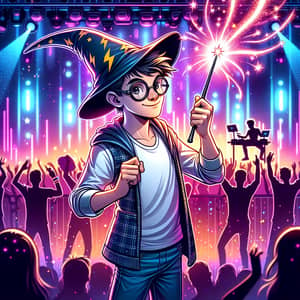 Exciting Wizard at Neon Rave Party - Sparkling Magic Wand!