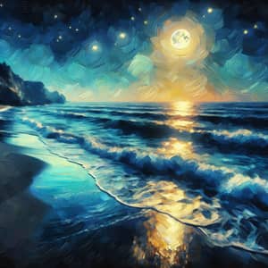 Serene Night Seascape | Impressionism Style Art with Moonlight Reflections