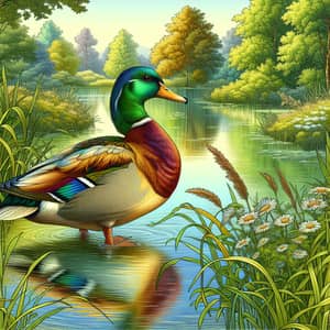Vibrant Duck Frolicking by Serene Pond
