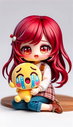 Charming Red-Haired Chibi Anime Girl with Crying Emoji Plushie