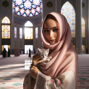 Middle-Eastern Woman in Traditional Baju Kurung with Kitten in Mosque