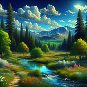 Tranquil Forest and Snow-Capped Peaks: Serene Landscape Vista