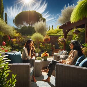 Serene Outdoor Living Space with Two Women Having a Friendly Conversation