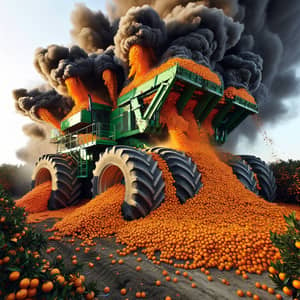 Dramatic Scene: Mechanical Tractor Crushing Tangerines