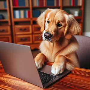 Golden Retriever Dog at Desk with Modern Laptop