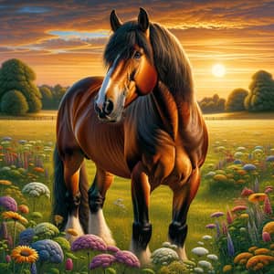 Beautiful Horse in Plush Green Pasture | Golden Sunset View