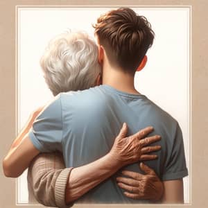 Emotional Hug of Young Man and Grandma | Heartwarming Card Style Art