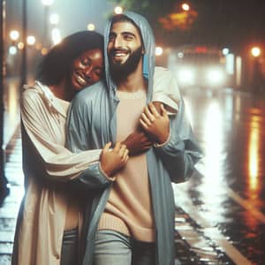 Joyful Black Woman and Middle-Eastern Man Embracing in City Rain