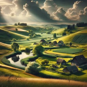 Tranquil Countryside Landscape: Green Fields & Cozy Farmhouses