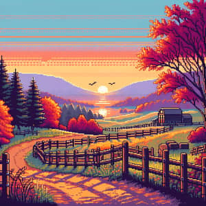1980s Countryside Landscape Pixelart Illustration at Sunset