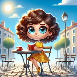 Realistic Illustration of Betty with Curly Brown Hair and Coffee