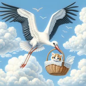 Majestic Stork Carrying Curious Kitten in Basket