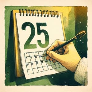 Watercolor Calendar Art: Handwriting Number 25 in Green and Yellow