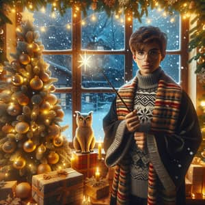 Festive Holiday Scene with Young Male Wizard and Christmas Decorations