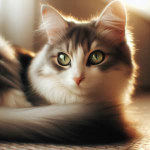 Beautiful Domestic Cat with Green Eyes Relaxing in Sunlight