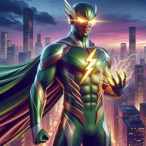 Asian Superhero with Green Suit and Laser Eyes