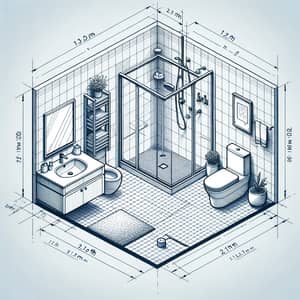 Professional 2D Bathroom Plan: 1.3m x 1.9m Dimensions