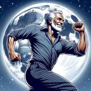 Energetic Middle-Aged Man Dancing Under Silvery Full Moon
