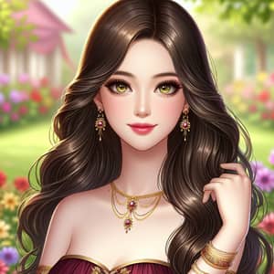Stunning Girl with Dark Ebony Hair and Precious Gem-like Eyes in Burgundy Dress