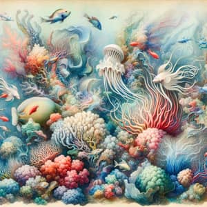 Surreal Underwater Scene with Colorful Coral Reefs and Exotic Fish