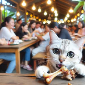Playful Cat with Beautiful Eyes Nibbling on Bone in Busy Restaurant