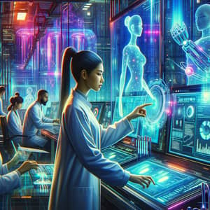 Futuristic Neon-lit Laboratory with Diverse Scientists in Action