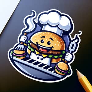Happy Burger Chef Cooking Delicious Hamburgers | Burger Kitchen Logo