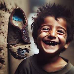 Happy Child in Poverty with Worn Shoe - Portrait of Resilience
