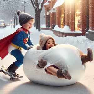 Cinematic Snow Slide: Toddler Superhero and Woman in Snow Diaper Joy