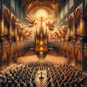 Majestic Gothic Church with Diverse Choir Singers and Angelic Orchestra