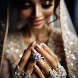 Elegant Halo Engagement Ring on South Asian Bride