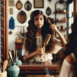 Preteen Hispanic Girl's Daily Hair Care Routine in Vintage-Style Setting